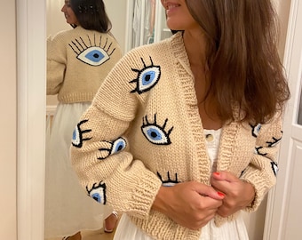 Evil Eye Bead Jacket | Handmade Nazar Cardigan | Knitted 3D Turkish Evil Eye Sweater | Greek Lucky Charm Eye Shaped Crop Chunky Cardigan