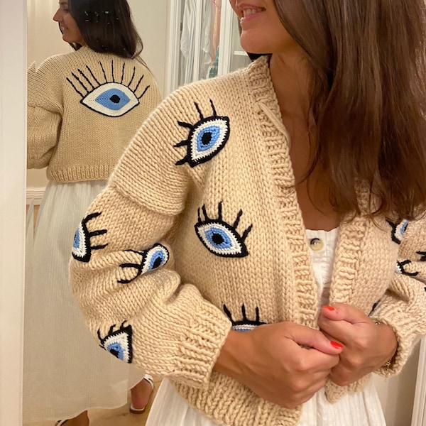 Evil Eye Bead Jacket | Handmade Nazar Cardigan | Knitted 3D Turkish Evil Eye Sweater | Greek Lucky Charm Eye Shaped Crop Chunky Cardigan
