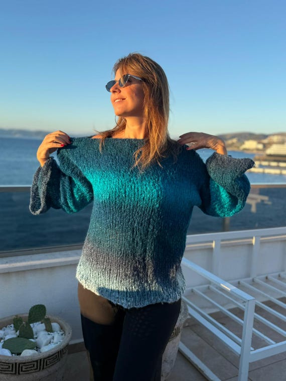 Blau Gestreifter Regenbogen Pullover Chunky Blau Bunte Streifen