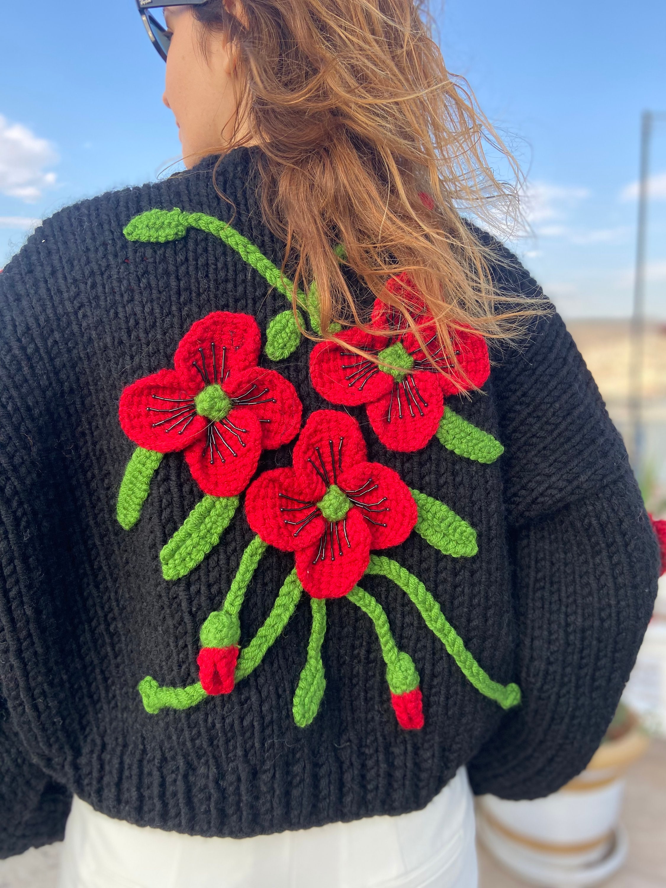 Poppy Cardigan | Handmade Poppies Jacket | Knitted 3D Poppy Poppy Cardigan | Handmade Poppies Jacket | Knitted 3D Poppy