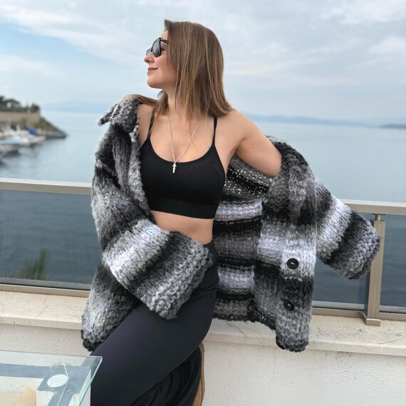 Handmade Vegan Yarn Knit Cardigan: Black White Grey Striped Jacket