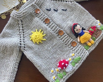 Snow White Kid Cardigan | Fairy Tail Knit Jacket for Kids | Crochet Snow White and Seven Dwarfs Knitwear | Handmade Sweater | Birthday Gift