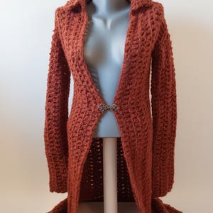 Unique Handknit Chunky Crochet Coat: Handknit Sophhisticated Winter Jacket- Red Long Boho Duster for Her- Handmade Afghan in Shaping Fit