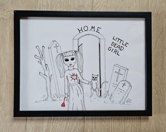 Niña con su gato - Dibujo gótico oscuro y lindo hecho a mano de La niña muerta - Arte de fantasía - Dibujo original de bellas artes para decoración de pared