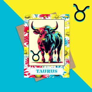 April Taurus Zodiac Greeting Card – Retro Bull with Daisies | April Birthday Card