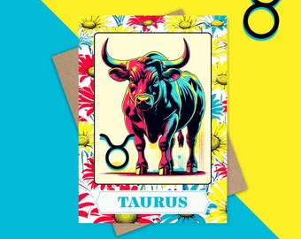 Retro Taurus Zodiac Card: April Birthday, Bull & Daisies