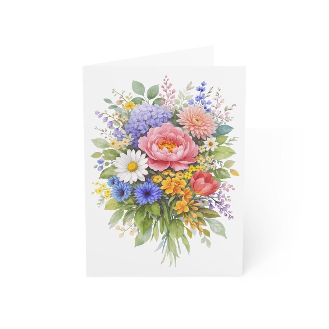 Watercolor Floral Bouquet Greeting Card, Elegant Garden Flowers Card ...