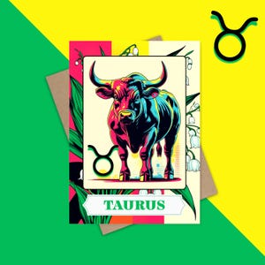 May Taurus Zodiac Greeting Card – Retro Bull with Lily of the Valley | May Birthday Card