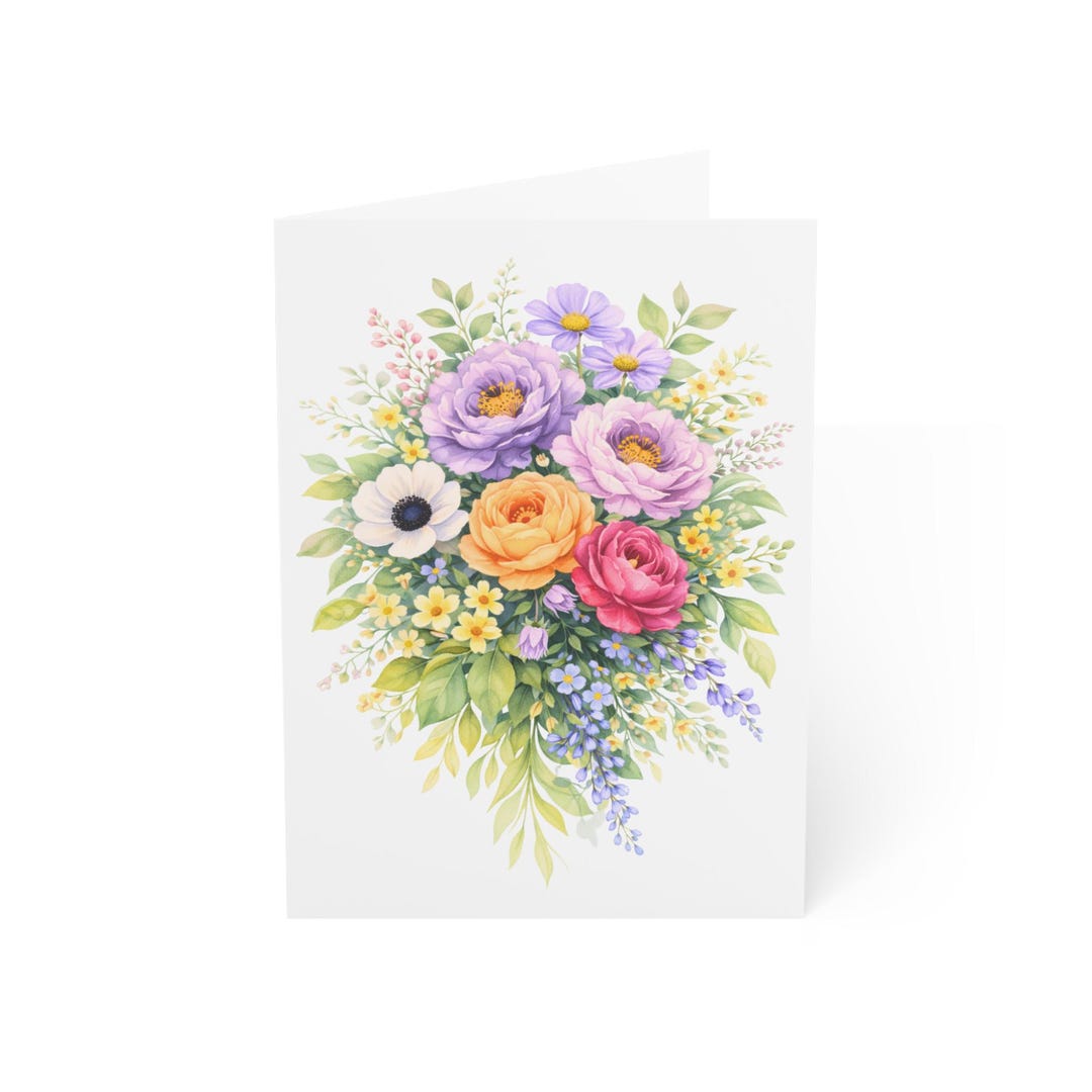 Watercolor Floral Bouquet Greeting Card, Pastel Garden Flowers Card ...