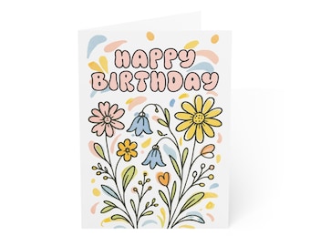 Happy Birthday Card Floral Cute Birthday Greeting Card Hand Drawn Flower Birthday Card Colorful Fun Modern Card