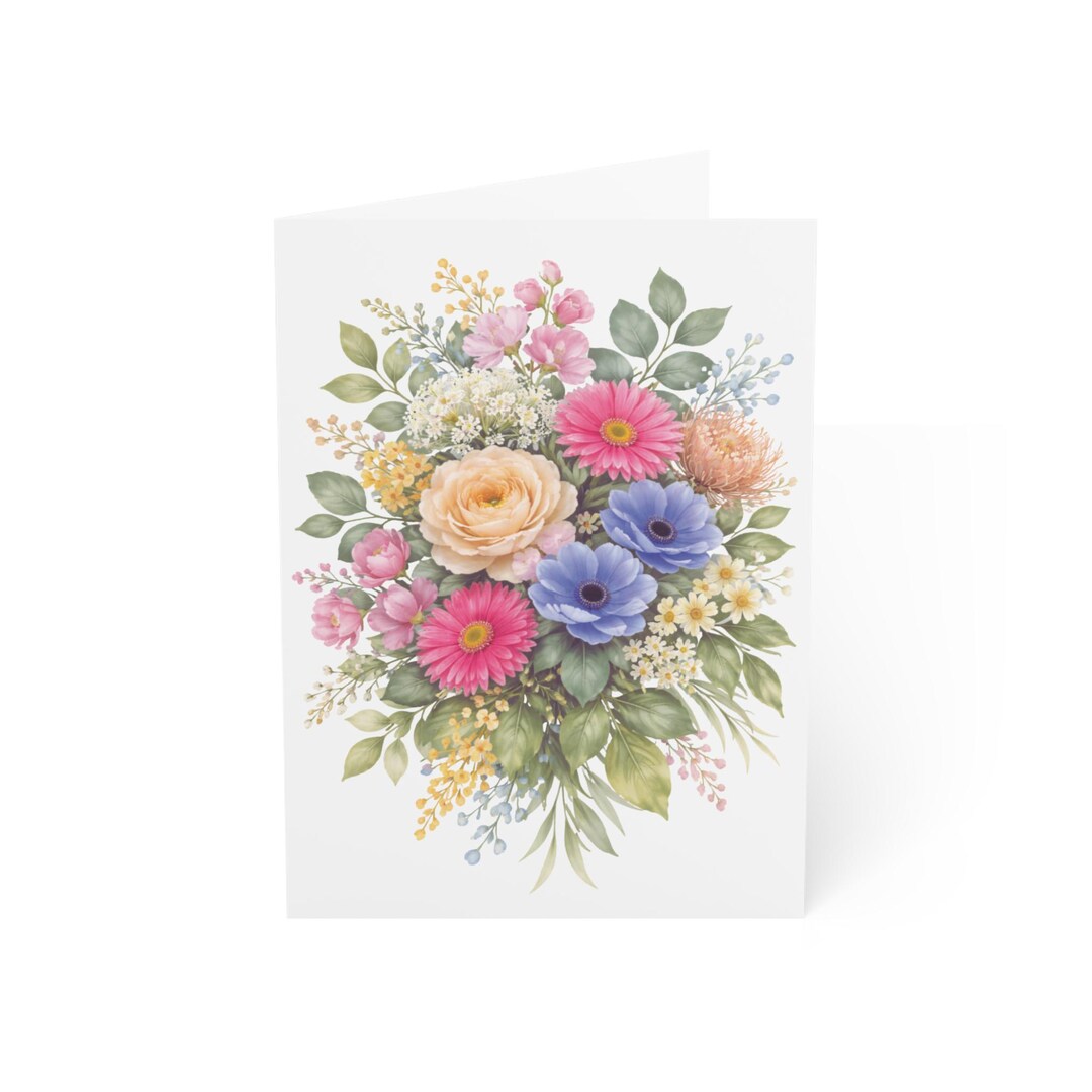 Watercolor Floral Bouquet Greeting Card, Elegant Garden Flower Card ...