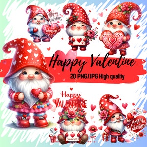 20 PNG/JPG Clipart de gnomos de dia dos namorados em aquarela, clipart de gnomos festivos, clipart de dia dos namorados, artesanato em papel digital, uso comercial