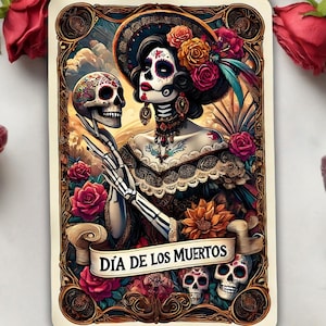 DIA De Los MUERTOS Vintage Halloween, Tarot-Karte, Zuckerschädel PNG Clipart Bundle, Sublimationsdesign, Bunte Blumenkunst, Mexikanische Tradition