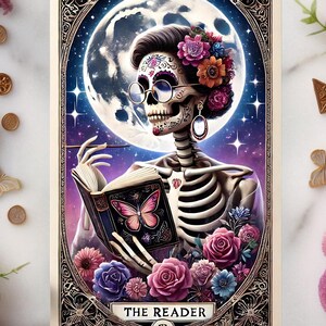 The Reader Tarot Card PNG, Reading Skeleton Sublimation Design, Book Lover Booktrovert Skull Tarot T-shirt Mug PNG File, Digital Download