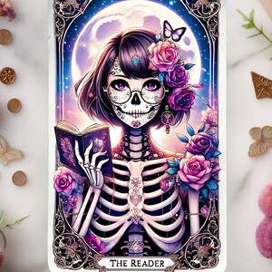 The Reader Tarot Card PNG, Reading Skeleton Sublimation Design, Book Lover Booktrovert Skull Tarot T-shirt Mug PNG File, Digital Download