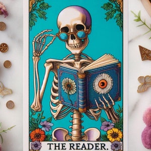 The Reader Tarot Card PNG, Reading Skeleton Sublimation Design, Book Lover Booktrovert Skull Tarot T-shirt Mug PNG File, Digital Download