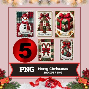 Puede incluir: Una colección de arte digital con temática navideña que presenta un muñeco de nieve, un árbol de Navidad, una caja de regalo, bastones de caramelo y un calcetín. Cada diseño tiene un patrón de cuadros rojos y verdes y el texto "Merry Christmas". También se incluye un gran círculo rojo con el número 5.