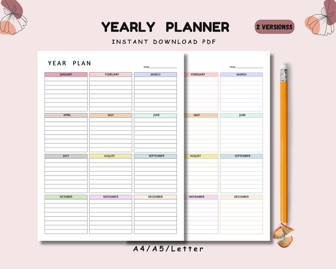 Editable Yearly Planner, Printable Yearly Overview on One Page, Year at ...