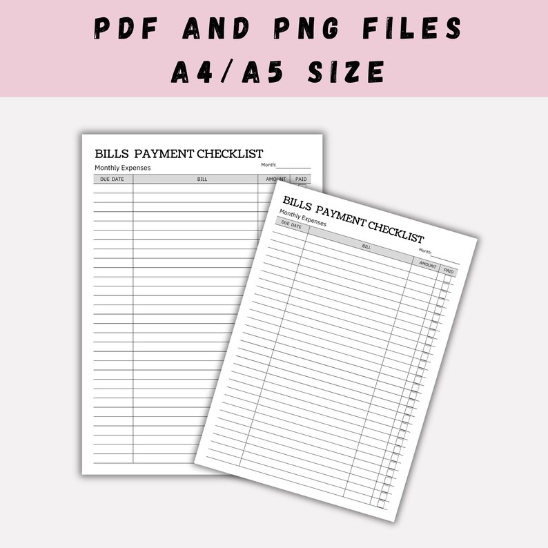 Monthly Bill Payment Tracker, Printable Bill Payment Checklist, Bill ...