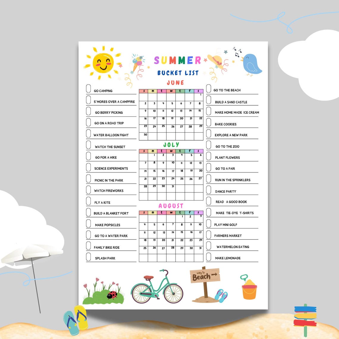 Editable Summer Calendar Poster Printables Summer Fun Bucket List ...