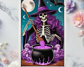 Tarotkaart met grappige heksenskelet, png: sarcastisch halloweenontwerp (digitale download)