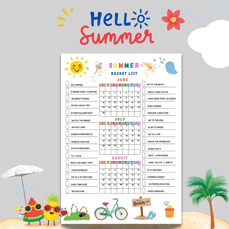 Editable Summer Calendar Poster Printables Summer Fun Bucket List ...