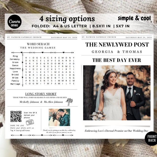 Newspaper Wedding Program Template, DIY Newspaper Wedding, TemplEditable Wedding Newspaper Program, Printable Wedding Infographic, Crossword