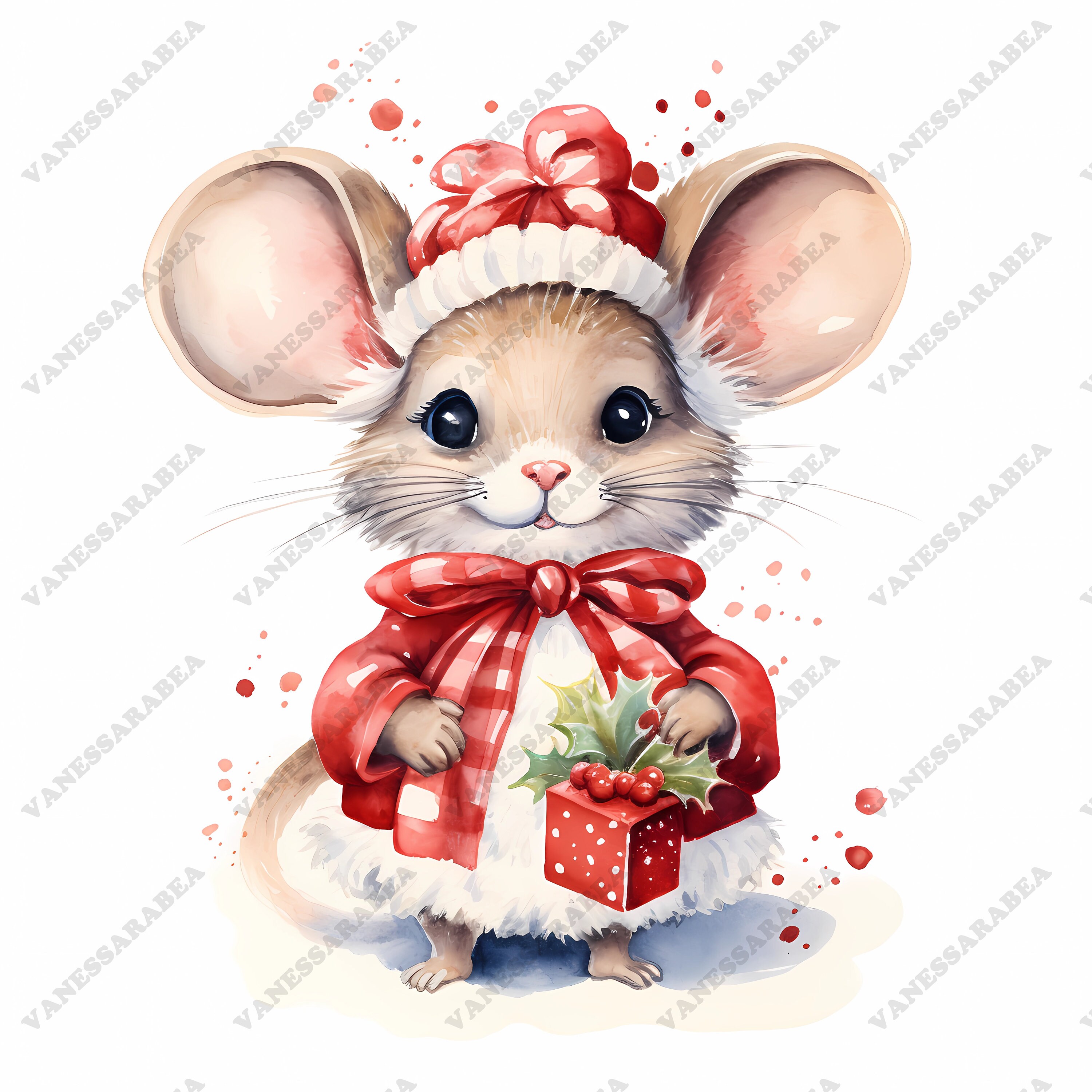 Cute Christmas Mouse PNG, Watercolor Mouse Clipart, Xmas Mouse Clip Art