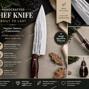 Könnte beinhalten: Ein Kochmesser mit einer gehämmerten Edelstahlklinge und einem dunklen Holzgriff mit zwei Messingnieten. Die Klinge hat eine texturierte Oberfläche. Das Bild enthält Text wie HANDCRAFTED CHEF KNIFE, BUILT TO LAST, MADE WITH CARE und SHARP BEAUTIFUL TIMELESS.