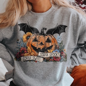May include: Gray sweatshirt with a graphic of a pumpkin with bat wings and flowers. The text "Sorta Sweet" and "Sorta Spooky" is printed on the sweatshirt.