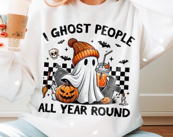 Retro I Ghost People All Year Round Png, Halloween Png, Ghost Coffee Png, Fall png, Pumpkin Png, Spooky Vibes Png, Sublimation