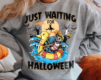 Just Waiting for Halloween PNG, Cute Summerween Clipart, Spooky Summer Halloween Sublimation Design, Skeleton DTF Shirt Design
