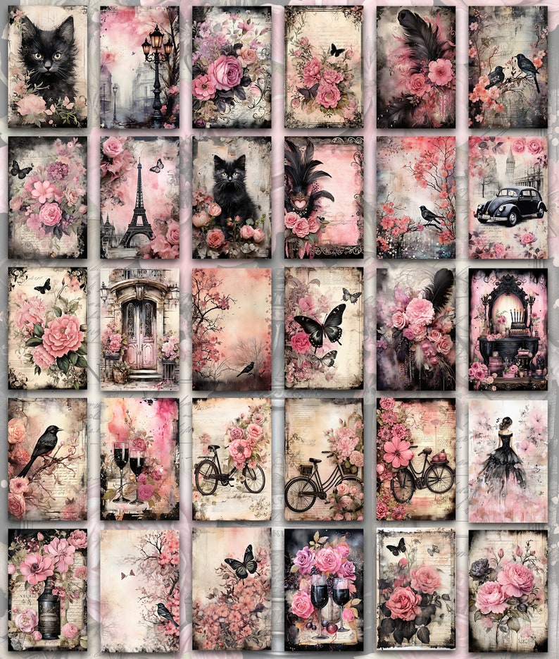 Junk Journal Paper, Pink Black Watercolor, Mixed Media, Pattern, Printable, Shabby Chic, Vintage Scrapbooking Paper, Journal Pages image 2