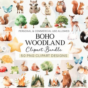 Boho Woodland Animals Baby Shower Clipart Bundle, Watercolor Clip Art, Forest Animals, Nursery Decor Wall Art, Children, Commercial Use
