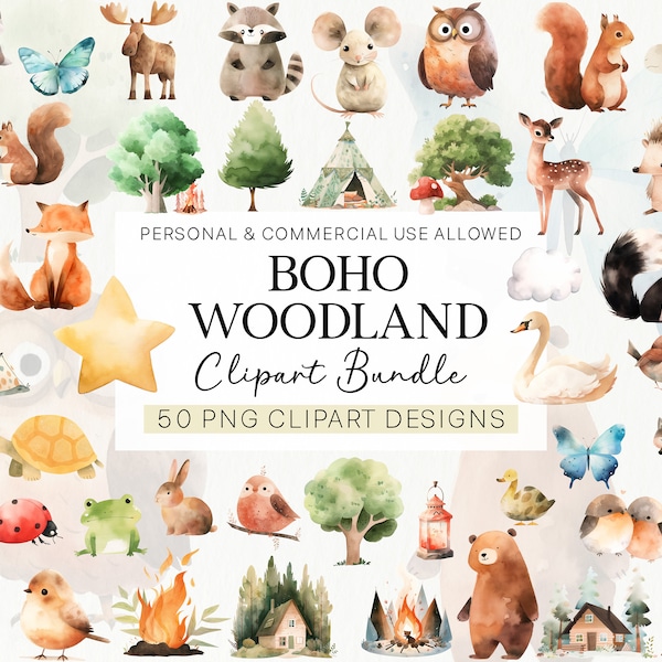 Boho Woodland Animals Baby Shower Clipart Bundle, Watercolor Clip Art, Forest Animals, Nursery Decor Wall Art, Children, Commercial Use