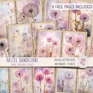 Dandelion Flower junk journal kit, Floral Printable pages papers, Printable flowers pages Gift junk journal kit, Vintage Scrapbooking