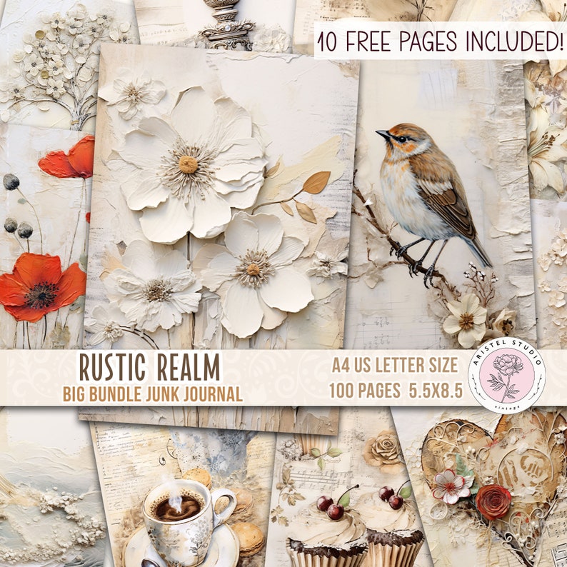 Rustic Junk Journal Pages, Digital Paper, Printables, Scrapbooking, Background Pages, Decoupage, Weathered, mixed media image 1