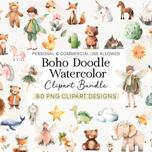 Boho doodle baby aquarel clipart bundel, kinderkamer dieren illustraties, pasgeboren boho, babyshower png, schattige dieren, sublimatie ontwerp