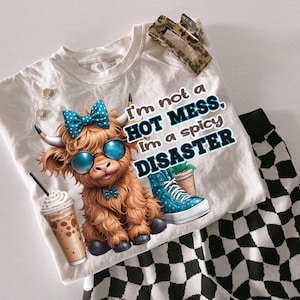 Cute Highland Cow Sticking Out Tongue Png, Im Not A Mess, Leopard Bow Cow,, PNG, Highland Cow t-shirt design, Funny Png, Positive