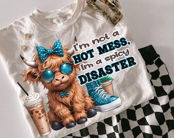 Cute Highland Cow Sticking Out Tongue Png, Im Not A Mess, Leopard Bow Cow,, PNG, Highland Cow t-shirt design, Funny Png, Positive