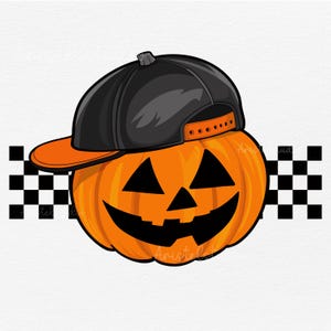 May include: A carved orange pumpkin with a black baseball cap on top. The pumpkin has a traditional jack-o'-lantern face with a wide smile and triangular eyes. The pumpkin is sitting on a black and white checkered background.