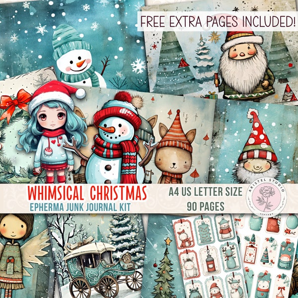 Whimsical Christmas Junk Journal Kit, Epherma, Papiers de Noël, Imprimables PNG, Noël vintage, Scrapbooking, Feuilles de collage Fabrication de cartes