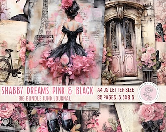 Junk Journal Paper, Pink Black Watercolor, Mixed Media, Pattern, Printable, Shabby Chic, Vintage Scrapbooking Paper, Journal Pages