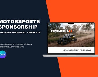 May include: A laptop computer displaying a website for a motorsports sponsorship proposal. The website features a black and yellow off-road vehicle driving on a dirt road. The text "FWRMEDIA" and "SPONSORSHIP PROPOSAL" are visible on the website.