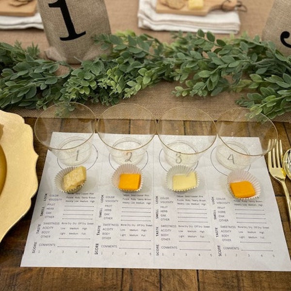 Weinverkostungs-Tischsets, Party-Kit. Blindverkostung. 4 Weine. Wein und Käse Paarung . Sofortiger Download zum Ausdrucken. Ergebniskarte. Ostern