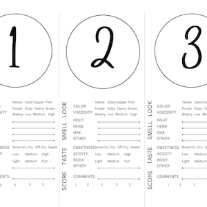 May include: Three wine tasting score sheets with numbered circles and sections for color, viscosity, fruit, herb, oak, sweetness, acidity, body, and comments. The color options include yellow, gold, copper, and pink.