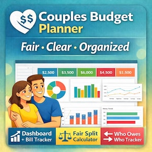 Può includere: Un pianificatore di budget per coppie digitale con un logo a forma di cuore e simbolo del dollaro. L'immagine presenta una coppia e grafici finanziari. Il testo include "Fair, Clear, Organized", "Dashboard + Bill Tracker", "Fair Split Calculator".