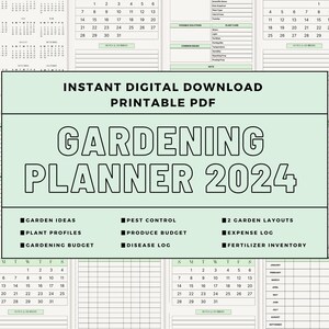 以下が含まれることがあります： 2024年の印刷可能なガーデニングプランナー。月ごとのカレンダーページ、ガーデンアイデア、植物プロファイル、害虫駆除、生産予算、病気の記録、ガーデンレイアウト、経費記録、肥料の在庫などのセクションがあります。プランナーは緑と白のカラーテーマで、葉のデザインが施されています。