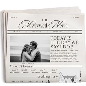 Wedding newspaper, wedding program, wedding timeline, wedding itinerary, ceremony program,  wedding crossword, wedding schedule, template