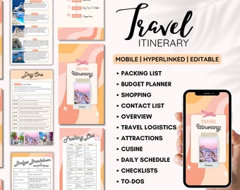 Plantilla móvil de itinerario de viaje. Planificador de viajes editable digital. Organizador de viajes Canva. Guía de viaje. Lista de verificación de vacaciones para agentes de viajes